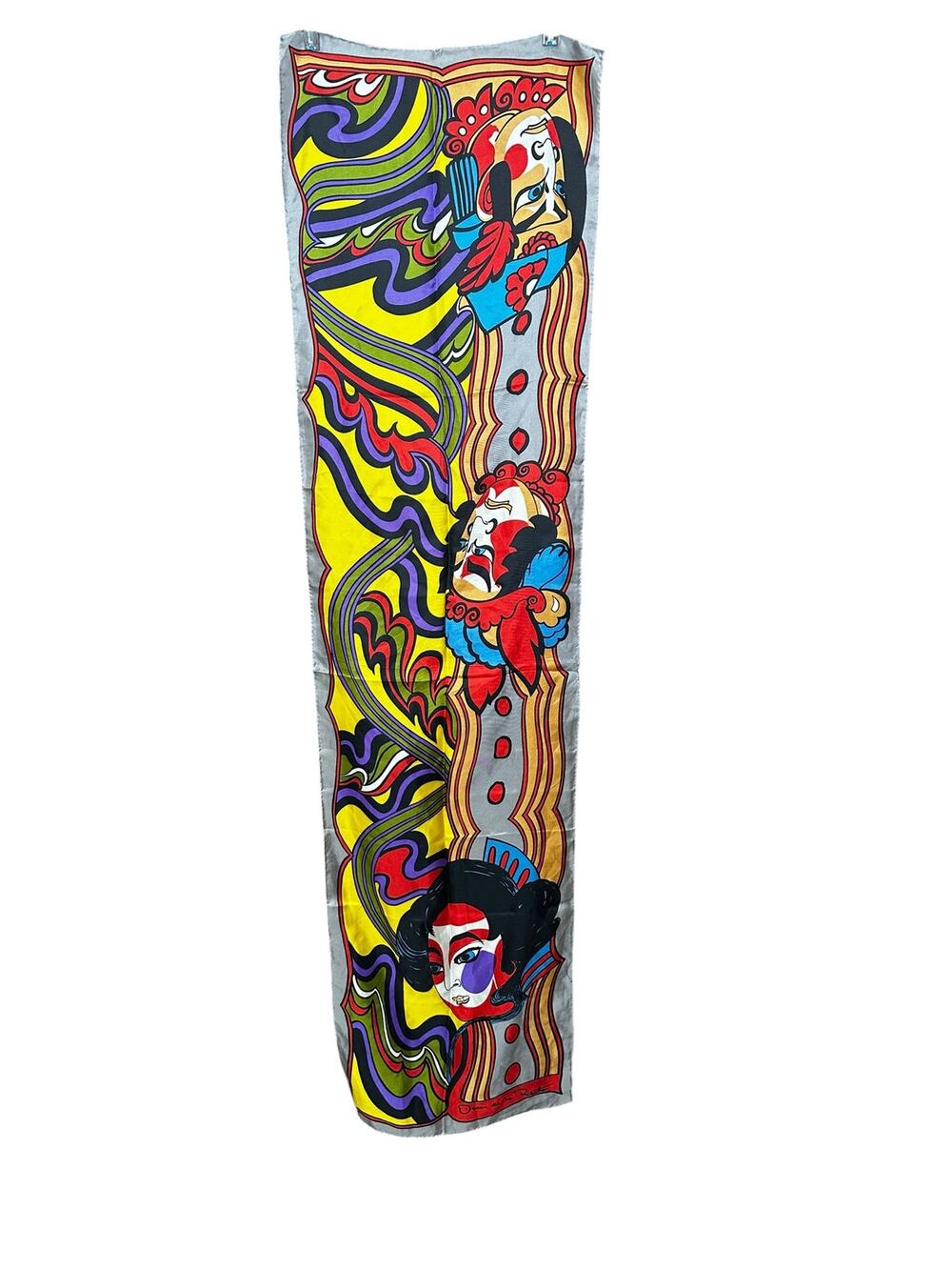 Vintage Oscar de la Renta Pop Art Silk Scarf Japanese Kabuki Mask Faces Japan